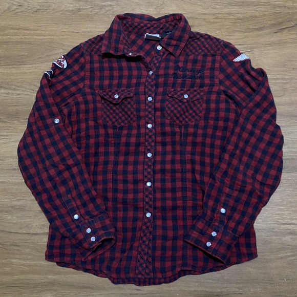 Snap Tops - Harley Davidson Women M Red Black Plaid Snap Button Down Corset Tie Back Shirt